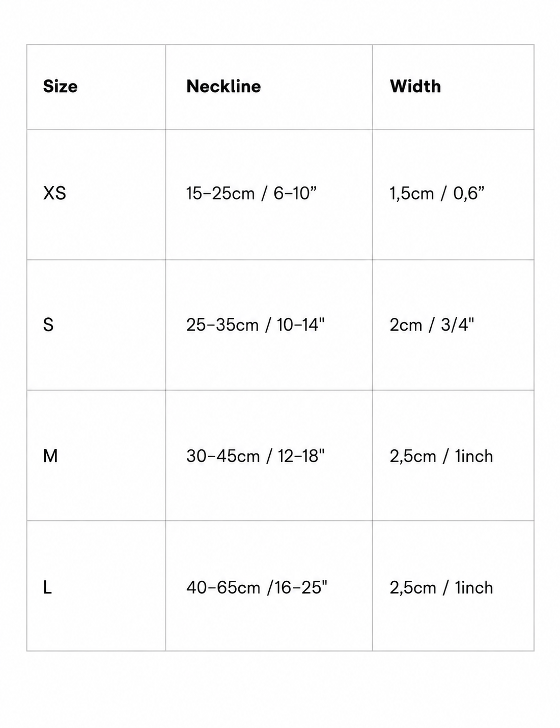 Soft Webbing Collar Size Chart