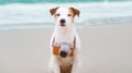 A dog sitting on the beach with a camera hanging around its neck, eyes closed.