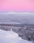 A white arctic fox sits alone on a snowy hilltop overlooking a vast, snow-covered forest with distant mountains beneath a pink and purple evening sky.